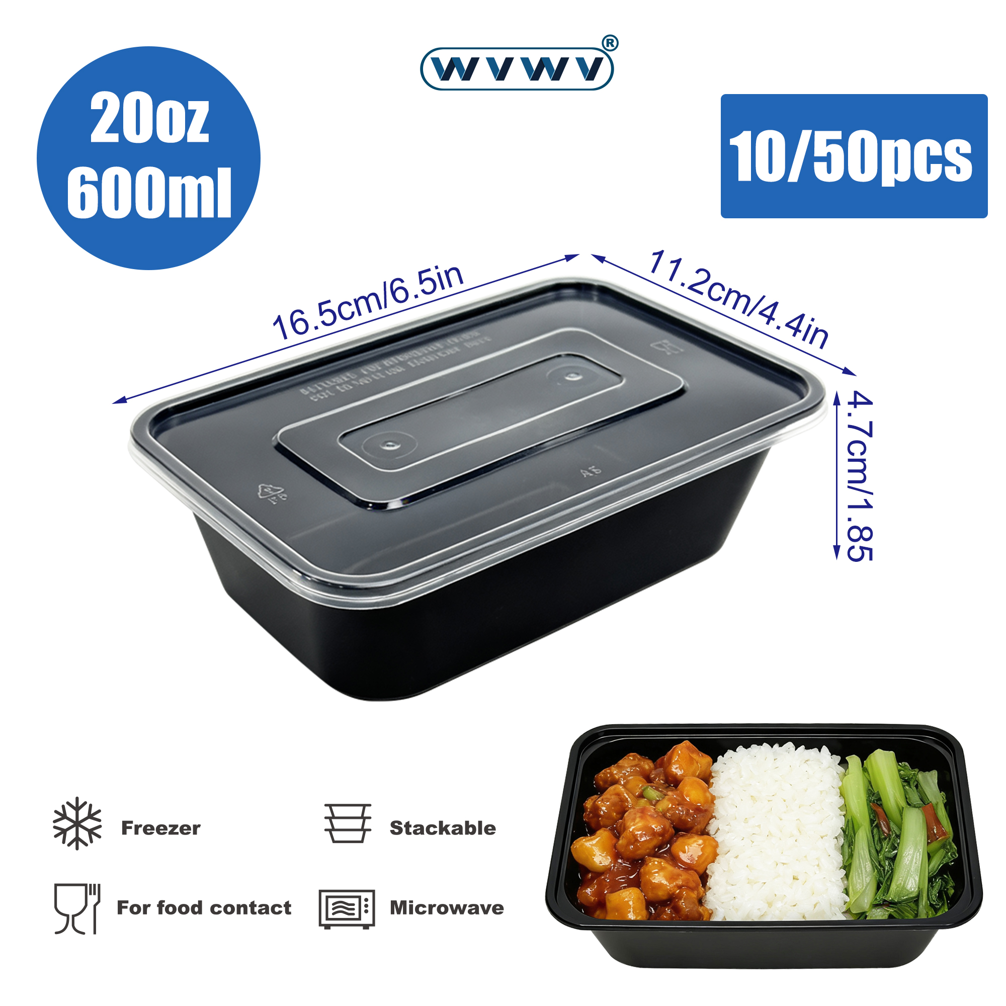 Meal Prep Container - 10/50Pcs 20Oz/600Ml Black Lunch Boxes, Food